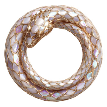 Opalescent ouroboros serpent image isolated transparent. Iridescent pearl scales of coiled snake cut out photo png. Luxury mystical symbolism cutout element object photography