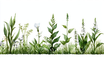 Beautiful watercolor botanical illustration featuring various green plants and flowers, showcasing nature elegance and diversity