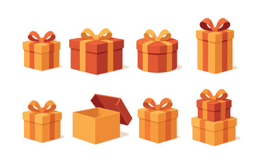 Obraz premium Gift box collection, presents, ribbons, packaging, flat vector illustration