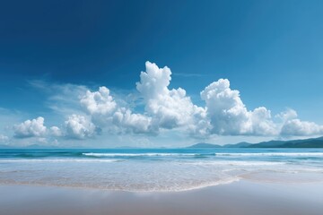 Tranquil seascape with clear sky and white clouds over calm ocean waves