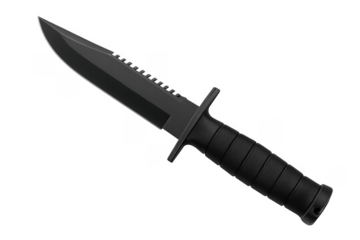 Black combat tactical knife with serrated blade isolated
