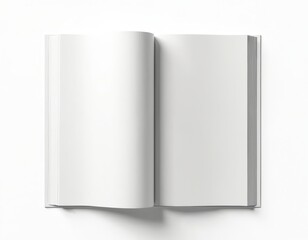 Open blank hardcover book lies on white surface. Empty pages wait for text or images. Clean cover mockup for design, writing, or art projects.