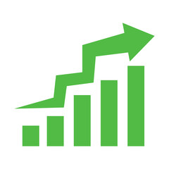 Graph going up sign with green arrows. Bar chart symbol icon with arrow moving up.