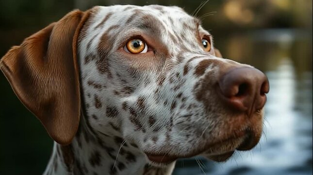 Close-up of a brown and white spotted dog with amber eyes showcasing his unique coat pattern near a slightly bokeh background of nature.