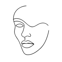 Elegant one line drawing of a woman's face - minimalist abstract portrait in continuous contour style for modern art and beauty concepts