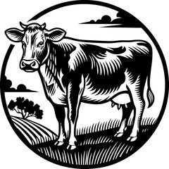 Monochrome vector illustration of a cow in a circle rural landscape. black and white design of a farm animal standing on a field, with a tree, grass, and clouds in the background.