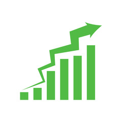 Graph going up sign with green arrows. Bar chart symbol icon with arrow moving up.