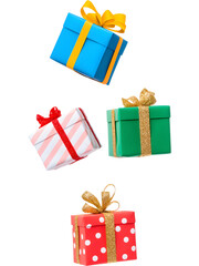 .Colorful Christmas gift boxes in green, red, and white tones floating on transparent background. Playful festive arrangement perfect for holiday graphics