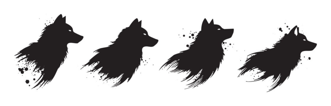 Four stylized wolf dog animal silhouettes with glowing eyes are depicted in a dynamic, artistic brushstroke style, creating a powerful and expressive visual.