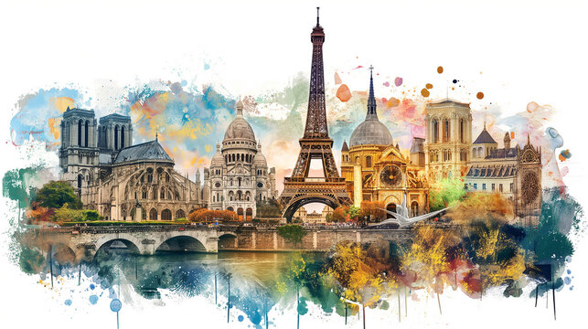 France Travel Collage of famous places. Element for Advertisement, postcard, poster