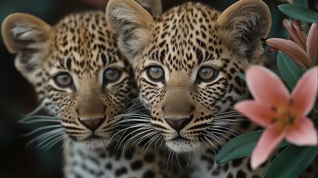 Two young leopards captured up close. Their faces framed by lush greenery and delicate blossoms highlighting their youthful beauty and innocence.
