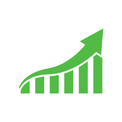Graph going up sign with green arrows. Bar chart symbol icon with arrow moving up.