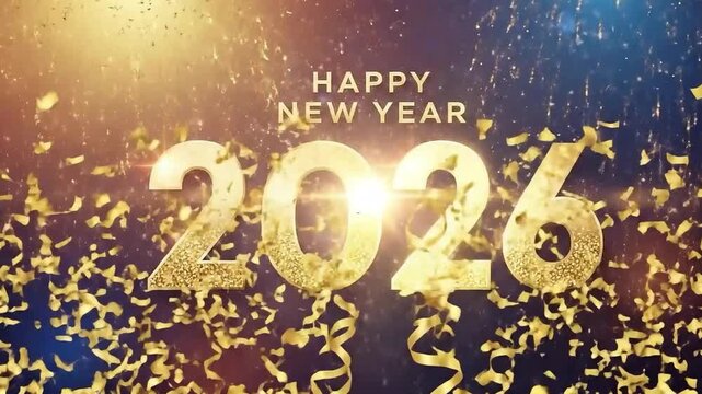 Happy new year 2026 celebration with sparkling golden text, shimmering glitter, festive fireworks, and falling confetti against a dynamic blue sky background, perfect for holiday greetings and seasona