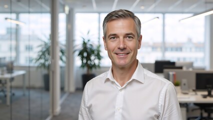 Confident middle-aged businessman smiling at the camera in a modern office. Professional corporate headshot of a handsome male executive