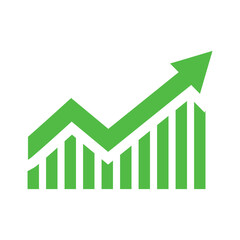 Graph going up sign with green arrows. Bar chart symbol icon with arrow moving up.