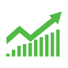 Graph going up sign with green arrows. Bar chart symbol icon with arrow moving up.