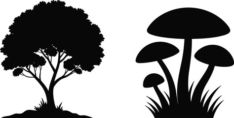 Fototapeta premium Tree and mushroom silhouette illustration, black vector icons, forest elements, nature contrast, botanical design, fungi and flora shapes, isolated graphics