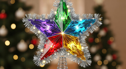 Colorful star christmas tree topper with silver tinsel and lights, creating a festive and bright decoration for the holiday season, set against a blurred christmas tree background