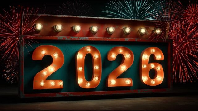 Flashing 2026 marquee sign with fireworks celebration