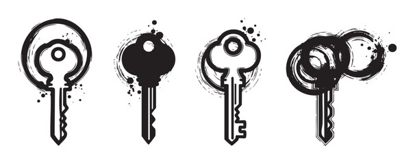 Four distinct artistic keys with a grunge ink style, featuring various shapes and textures, symbolizing security, access, and solutions in a creative design.