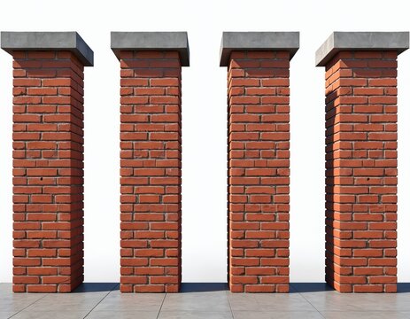 Four red brick pillars stand on white surface. These solid columns suggest historical architecture and construction. Image focuses on texture of bricks and concrete tops, offering detailed view.