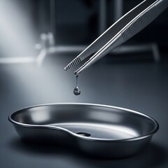 Precise medical forceps carefully dripping a single clear drop into a sterile stainless steel kidney basin