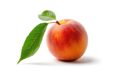 Fresh ripe peach with green leaves isolated on a clean white background