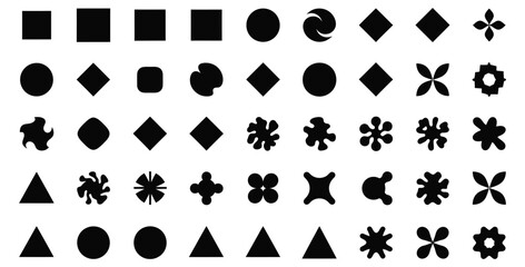 Collection of black abstract geometric and organic shapes arranged in neat rows for design elements