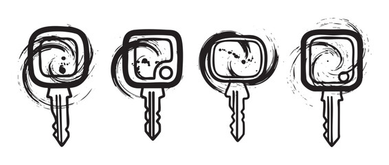 Four unique car keys feature artistic grunge brushstroke patterns and ink splatters, symbolizing access, security, and modern design.