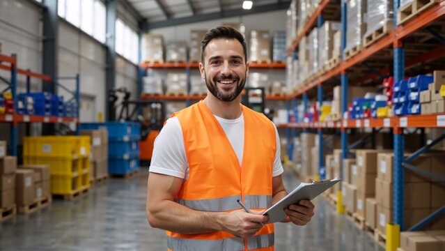 Portrait of a smiling warehouse worker holding a clipboard. Professional man in a safety vest working in a large distribution center. Logistics and supply chain industry concept - Powered by Adobe