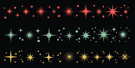 Mid century modern starburst and sparkle dividers in retro color palette on black background