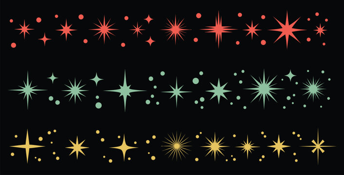 Mid century modern starburst and sparkle dividers in retro color palette on black background