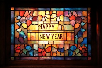 A stained glass "Happy New Year" window with colorful light shining through 