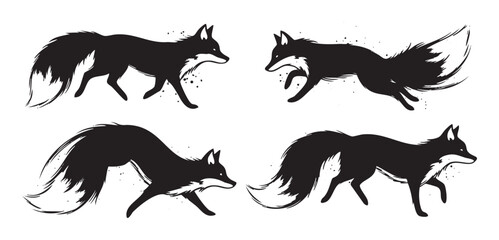 Four black fox silhouettes in various dynamic poses showcasing their agile movements and wild spirit with an artistic brushstroke style.