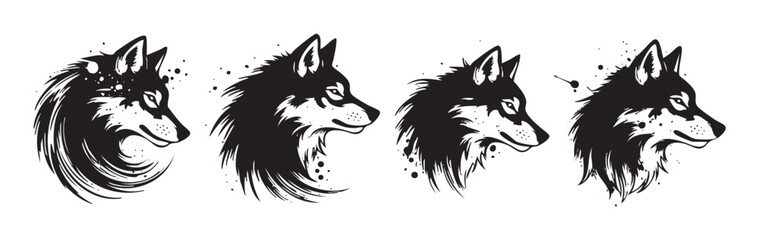 Obraz premium Four stylized wolf head illustrations in a dynamic artistic style showcasing strength and wild nature with expressive brushstrokes and ink splatters.