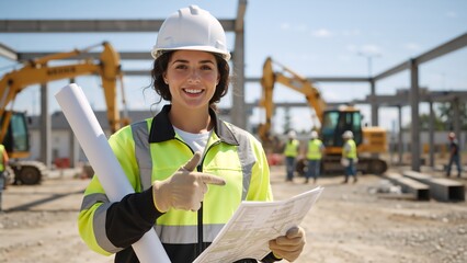 Smiling female engineer in a hard hat holding blueprints at a construction site. Professional woman architect or worker managing a building project