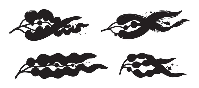 Stylized black seaweed illustrations in a brushstroke style create an abstract and organic pattern suitable for various design projects and marine themes.