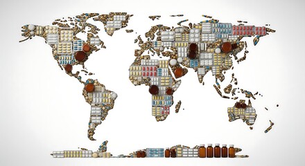 Stunning world map constructed entirely from colorful pharmaceutical pills and capsules symbolizing global health trends