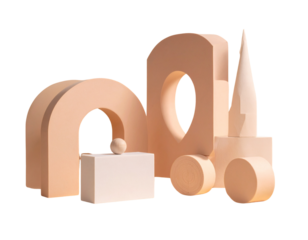 Wooden toys including a train, car, and building blocks arranged together