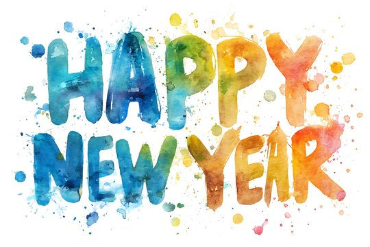 A watercolor "Happy New Year" font with bleeding colors and artistic splatters