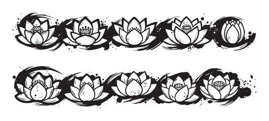 Lotus flowers in a decorative black and white ink style with artistic brush strokes and grunge elements creating a serene border design.