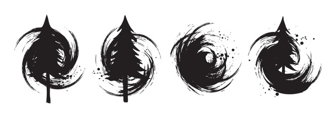 Four abstract pine trees with swirling brushstroke designs create a minimalist and artistic nature illustration, evoking a sense of natural beauty and artistic expression.