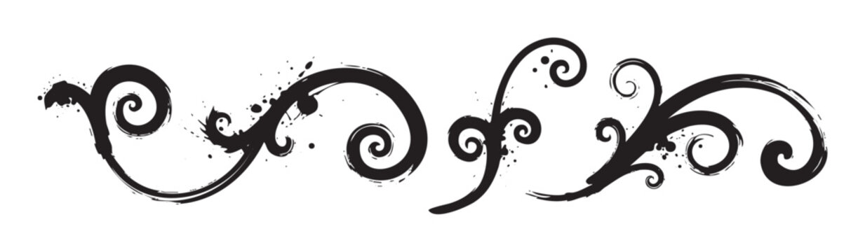 Black decorative scroll flourish design element with artistic grunge texture and ink splatters, perfect for adding an elegant and distressed ornamental touch to creative projects.