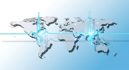 Vibrant global health monitoring concept featuring a bright cyan EKG heartbeat line across a modern world map background