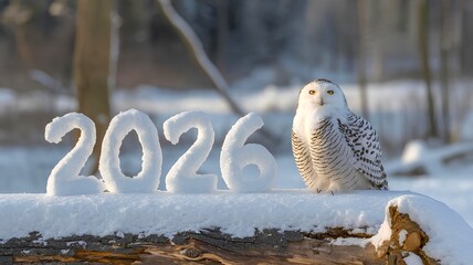 A snowy owl is on a snow land and the number 2026 made of ice is behind representing new year