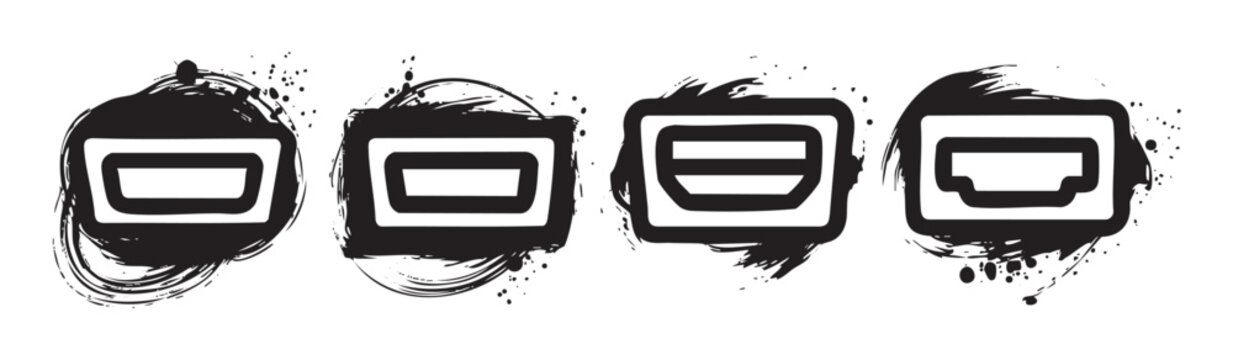 Digital video audio connector ports rendered in a modern grunge brushstroke style, illustrating various display interface standards.