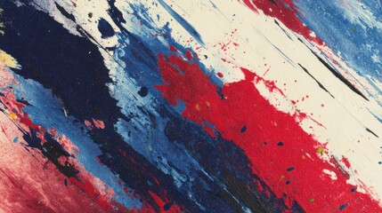 Abstract dynamic paint splatters and bold brush strokes in vibrant red, white, and blue colors