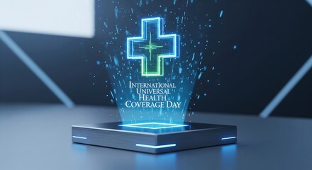 Stunning holographic medical cross projects future of universal health coverage on a modern digital platform