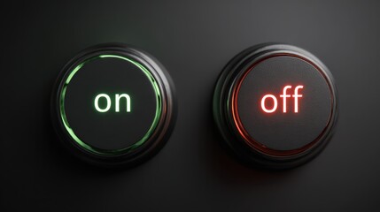 Green on and red off illuminated buttons representing choices, decision making, control, technology, power, and options for switching between states or opportunities