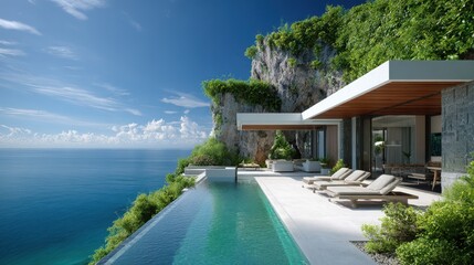 Luxurious cliffside villa with infinity pool overlooking vast blue ocean and tropical nature.